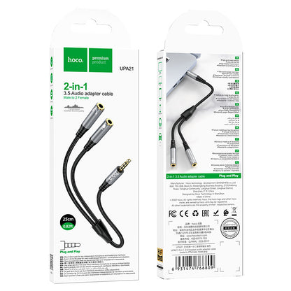 Adaptador de Áudio 3.5mm - 2 x 3.5mm HOCO UPA21-2, 0.25m, Preto