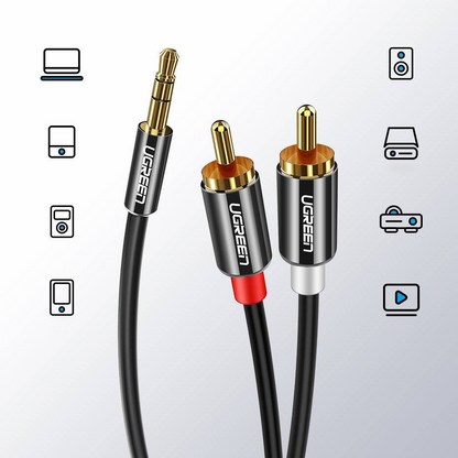 Cabo Áudio 3.5mm - 2 x RCA UGREEN AV116, 2m, Preto