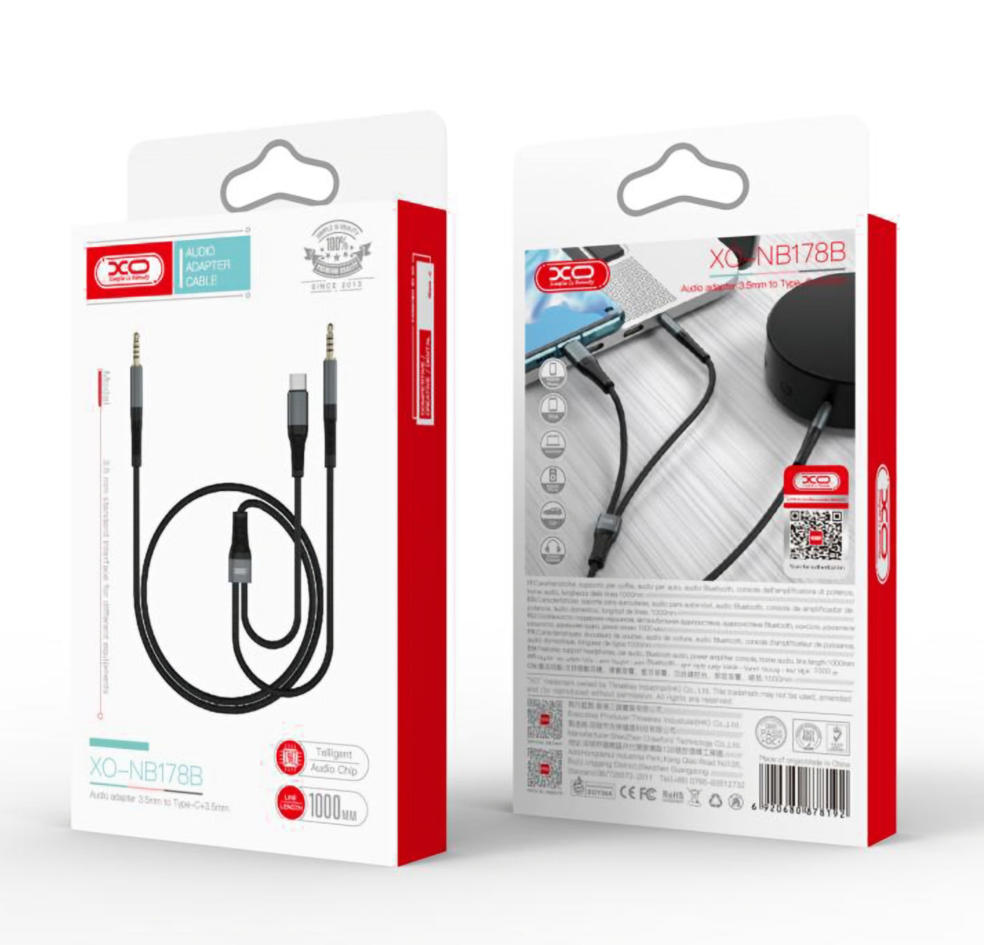 Cabo Áudio USB-C / 3.5mm - 3.5mm XO Design NB178B, 1m, Preto