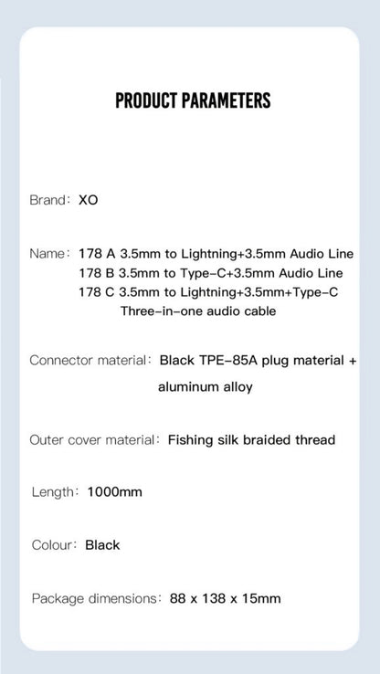 Cabo Áudio USB-C / 3.5mm - 3.5mm XO Design NB178B, 1m, Preto