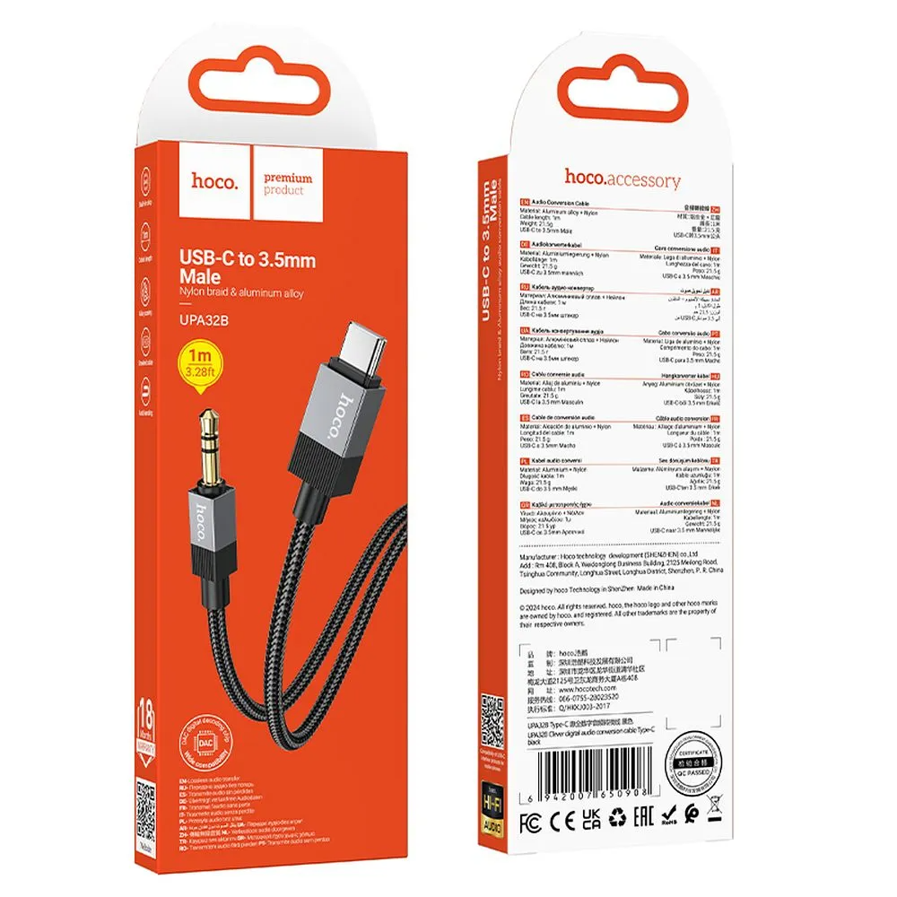 Cabo Áudio USB-C - 3.5mm HOCO UPA32B, 1m, Preto