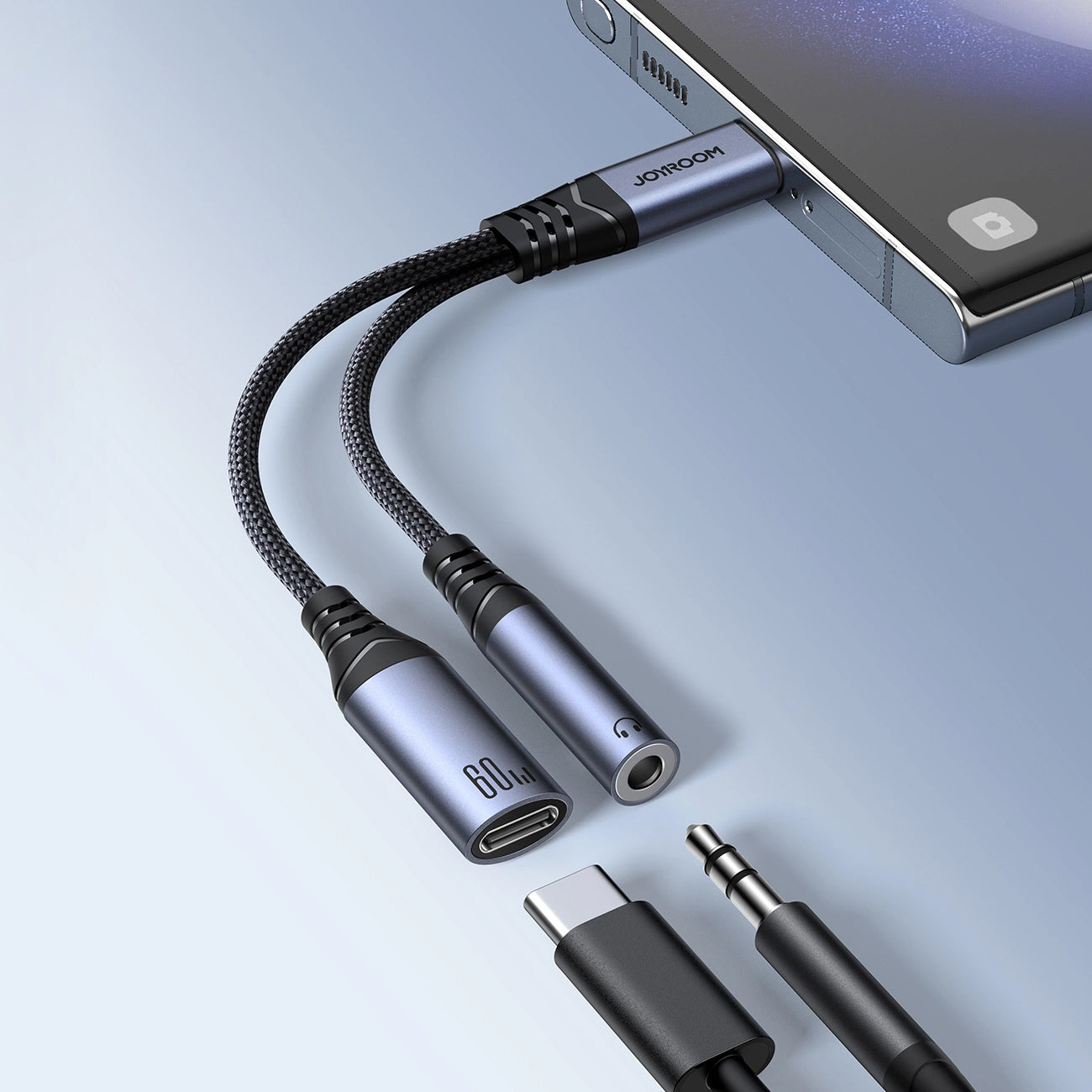Cabo de Áudio USB-C - 3.5mm / USB-C Joyroom SY-C02, 0.14m, Preto