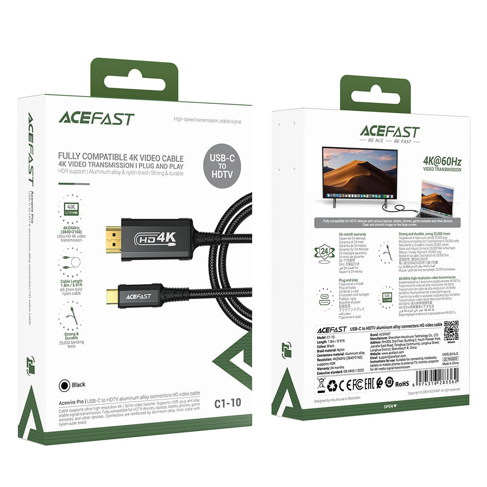 Cabo Áudio e Vídeo USB-C - HDMI Acefast C1-10, 1.8m, Preto