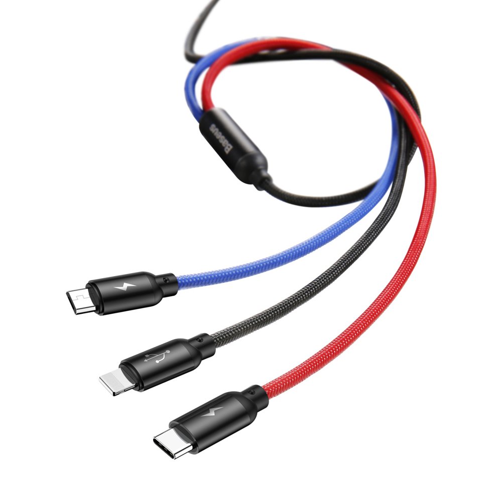 Cabo de Carregamento USB-A - Lightning / microUSB / USB-C Baseus Colors 3in1, 20W, 1.2m, Preto CAMLT-BSY01