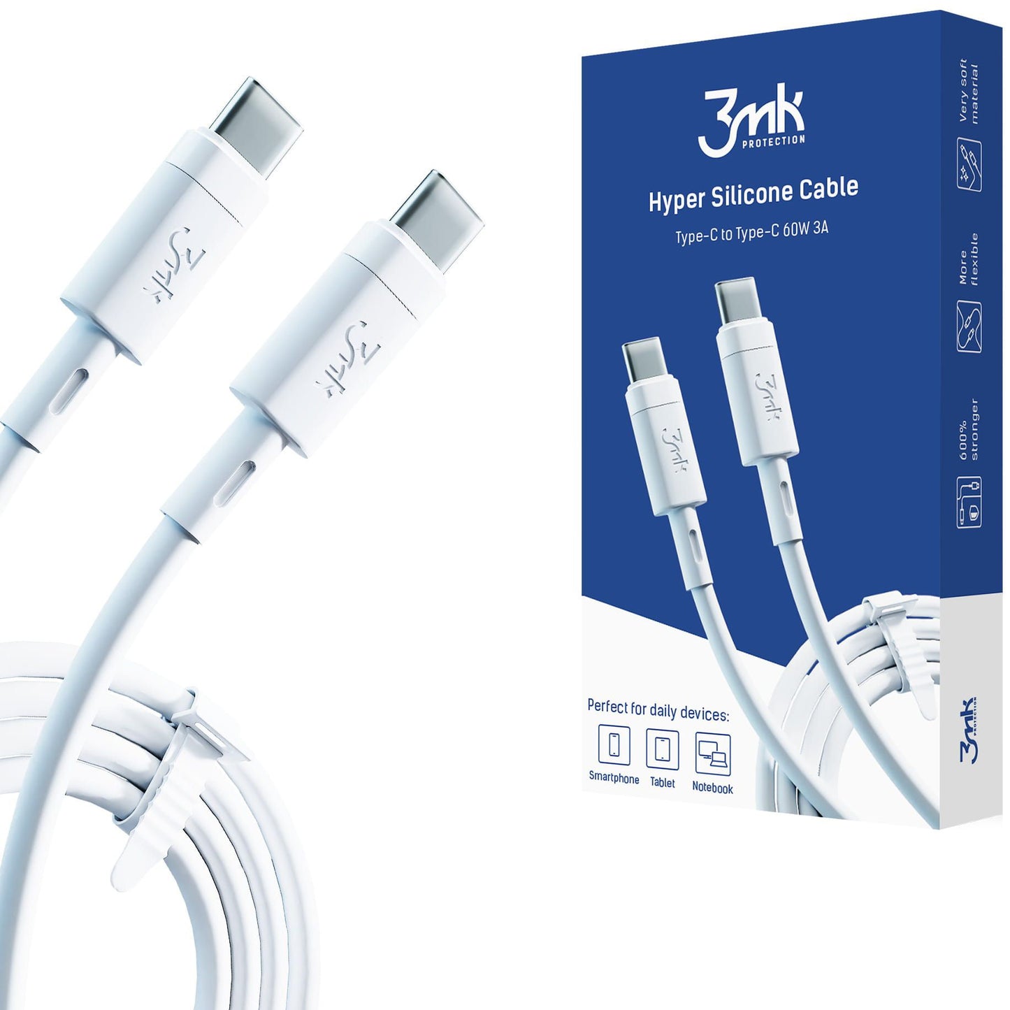 Cabo de Dados e Carregamento USB-C - USB-C 3MK Hyper Silicone, 60W, 1m, Branco