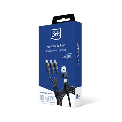 Cabo de carregamento USB-A / USB-C - Lightning / microUSB / USB-C 3MK Hyper 3in1, 12W, 1,5 m, preto 