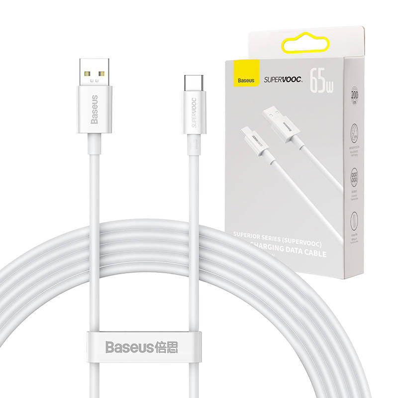 Cabo de carregamento e dados USB-A - USB-C Baseus Superior Series, 65W, 2m, Branco CAYS000901