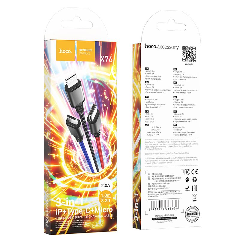 Cabo de Carregamento USB-A - Lightning / microUSB / USB-C HOCO X76 3em1, 18W, 1m, Multicolor