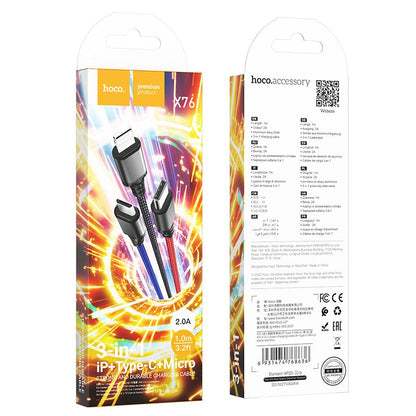 Cabo de Carregamento USB-A - Lightning / microUSB / USB-C HOCO X76 3em1, 18W, 1m, Multicolor