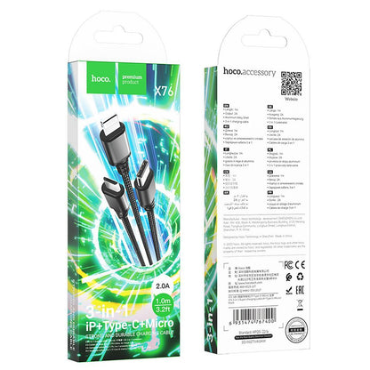USB-A Charging Cable - Lightning / microUSB / USB-C HOCO X76 3in1, 18W, 1m, Black