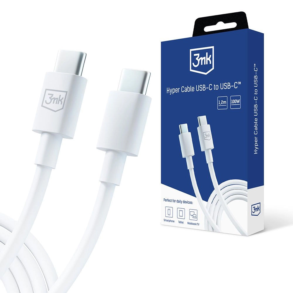 Cabo de carregamento e dados USB-C - USB-C 3MK Hyper, 100W, 1,2 m, branco 