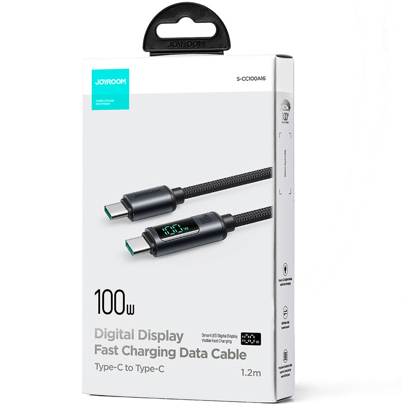 Cabo de Dados e Carregamento USB-C - USB-C Joyroom S-A16 Prism Display, 100W, 1.2m, Preto