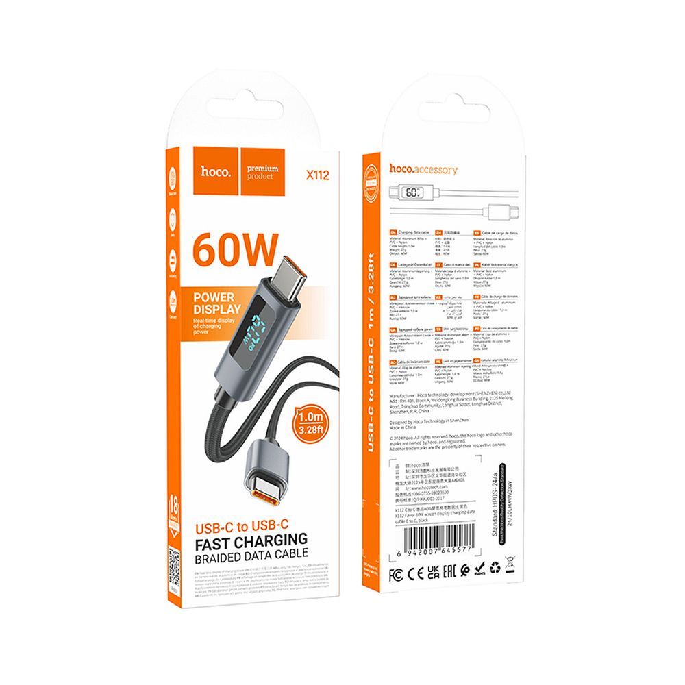 Cabo de Dados e Carregamento USB-C - USB-C HOCO Display X112, 60W, 1m, Preto