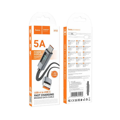 Cabo de Dados e Carregamento USB-A - USB-C HOCO Display X112, 100W, 1m, Preto