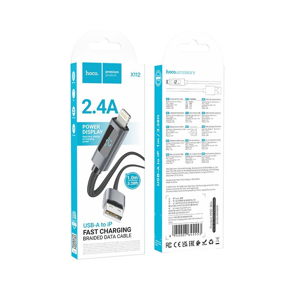 Cabo de Dados e Carregamento USB-A - Lightning HOCO Display X112, 18W, 1m, Preto
