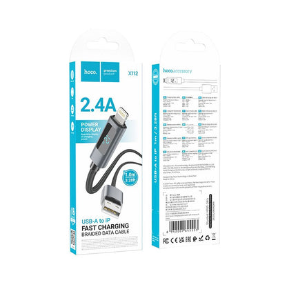 Cabo de Dados e Carregamento USB-A - Lightning HOCO Display X112, 18W, 1m, Preto