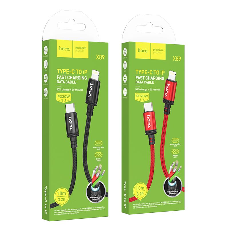 Cabo de Dados e Carregamento USB-C - Lightning HOCO X89, 20W, 1m, Preto