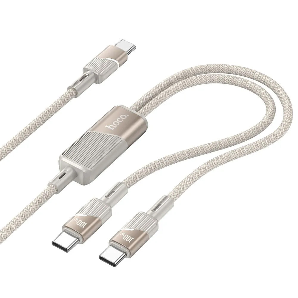 Cabo de Dados e Carregamento USB-C - 2 x USB-C HOCO U139 2in1, 100W, 1.2m, Dourado