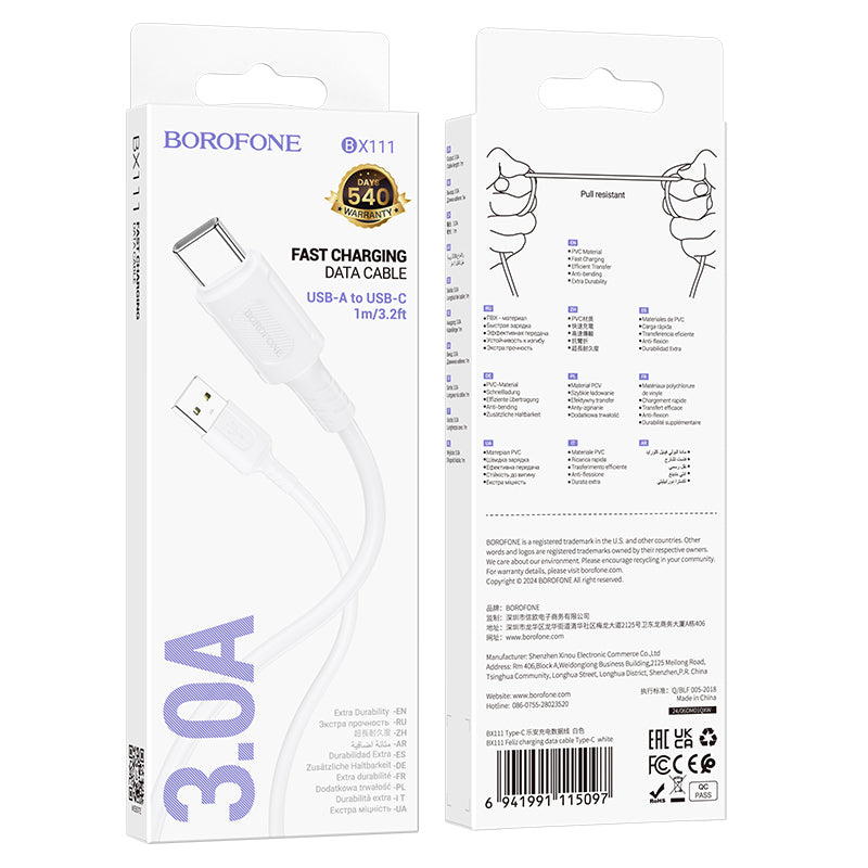 Cabo de Dados e Carregamento USB-A - USB-C Borofone BX111 Feliz, 20W, 1m, Branco