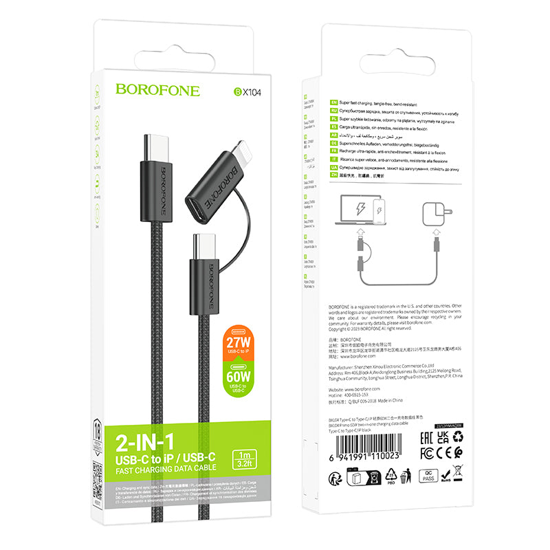 Cabo de Dados e Carregamento USB-C - Lightning / USB-C Borofone BX104 Primo 2in1, 60W, 1m, Preto