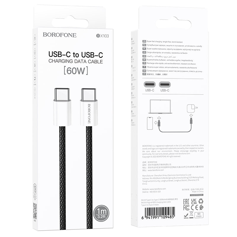 Cabo de Dados e Carregamento USB-C - USB-C Borofone BX103 Original, 60W, 1m, Preto