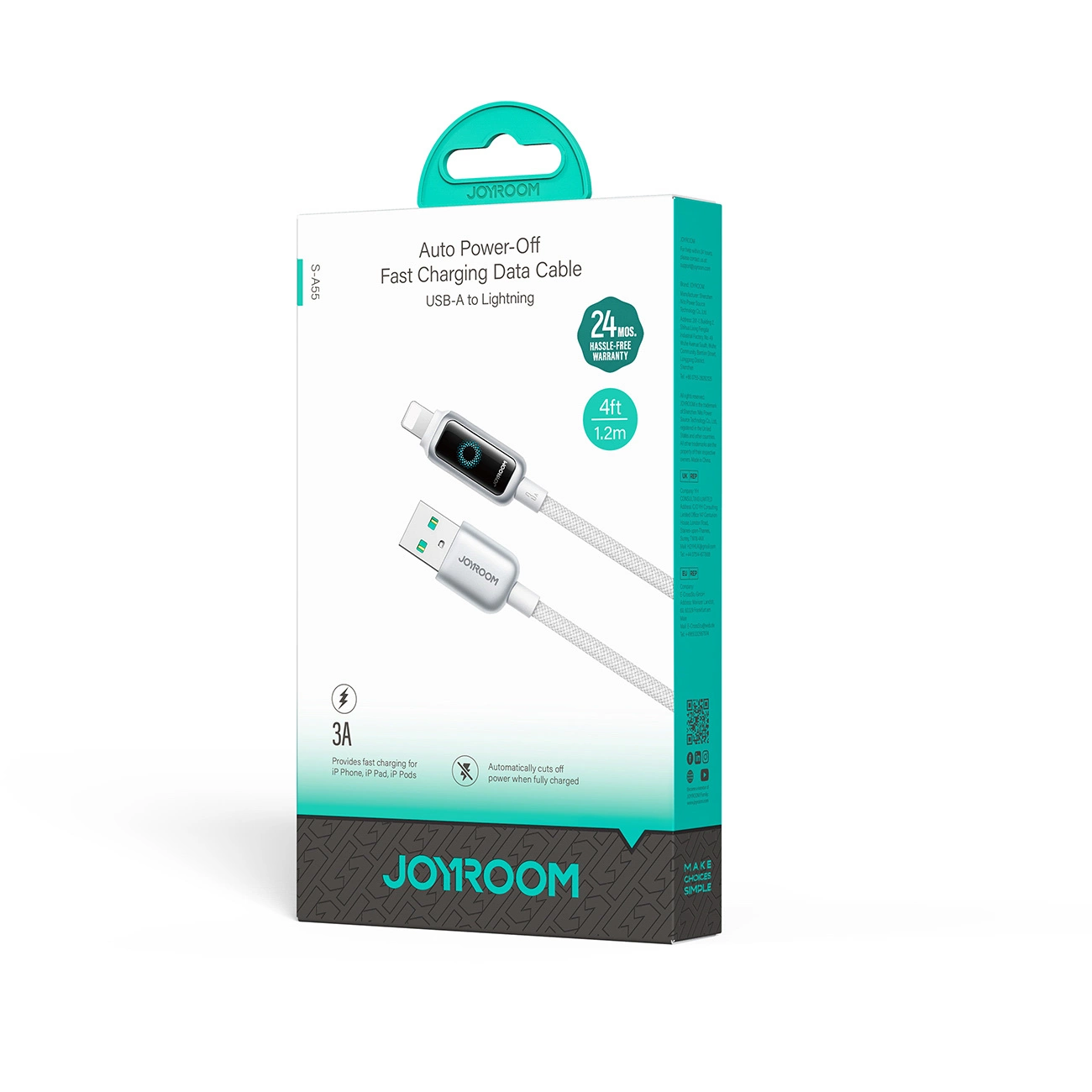Cabo de Dados e Carregamento USB-A - Lightning Joyroom S-A55 StarFlight Display, 18W, 1.2m, Branco