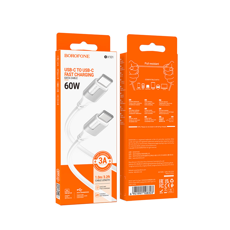 Cabo de carregamento e dados USB-C - USB-C Borofone BX101 Creator, 60W, 1m, Branco 