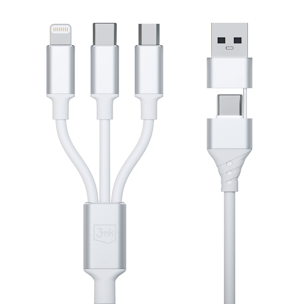 Cabo de Carregamento USB-A / USB-C - Lightning / microUSB / USB-C 3MK Hyper 3in1, 12W, 1.5m, Branco