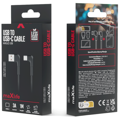 USB-A para USB-C MaXlife MXUC-09 em ângulo, 60W, 1m, preto 