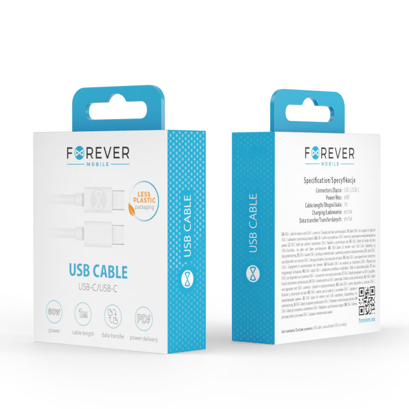 Cabo de carregamento e dados USB-C - USB-C Forever, 60W, 1m, branco