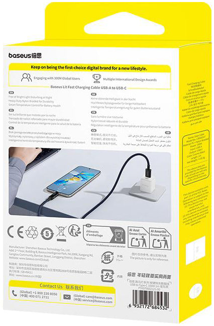 Cabo de Dados e Carregamento USB-A - USB-C Baseus Lit Button Control, 100W, 1m, Preto P10379002121-00