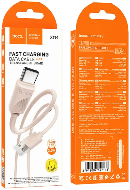 Cabo de Dados e Carregamento USB-A - USB-C HOCO X114, 18W, 1m, Rosa
