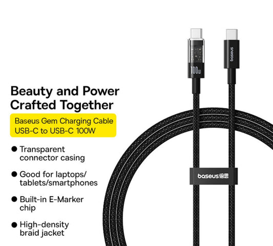 Cabo de Dados e Carregamento USB-C - USB-C Baseus Gem, 100W, 2m, Preto P10373000111-01