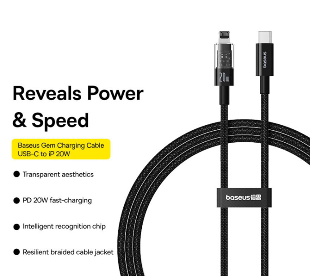 Cabo de Dados e Carregamento USB-C - Lightning Baseus Gem, 20W, 2m, Preto P10373001111-01