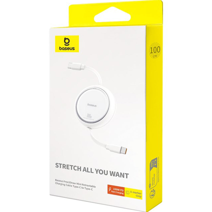 Cabo de Dados e Carregamento USB-C - USB-C Baseus Free2Draw Mini Retrátil, 100W, 1m, Branco P10364500211-00