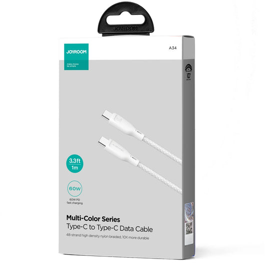 Cabo de Dados e Carregamento USB-C - USB-C Joyroom Multi-Color S-A34, 60W, 1m, Branco
