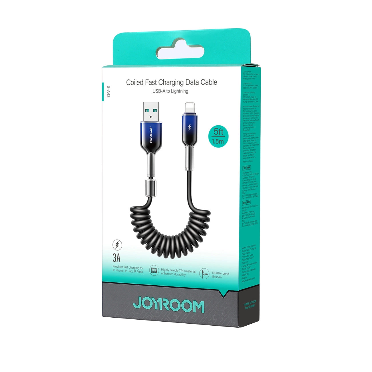 Cabo de Dados e Carregamento USB-A - Lightning Joyroom S-A43 Crystal, 18W, 1.5m, Preto