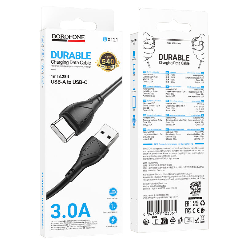 Cabo de Dados e Carregamento USB-A - USB-C Borofone BX121 Energy, 18W, 1m, Preto