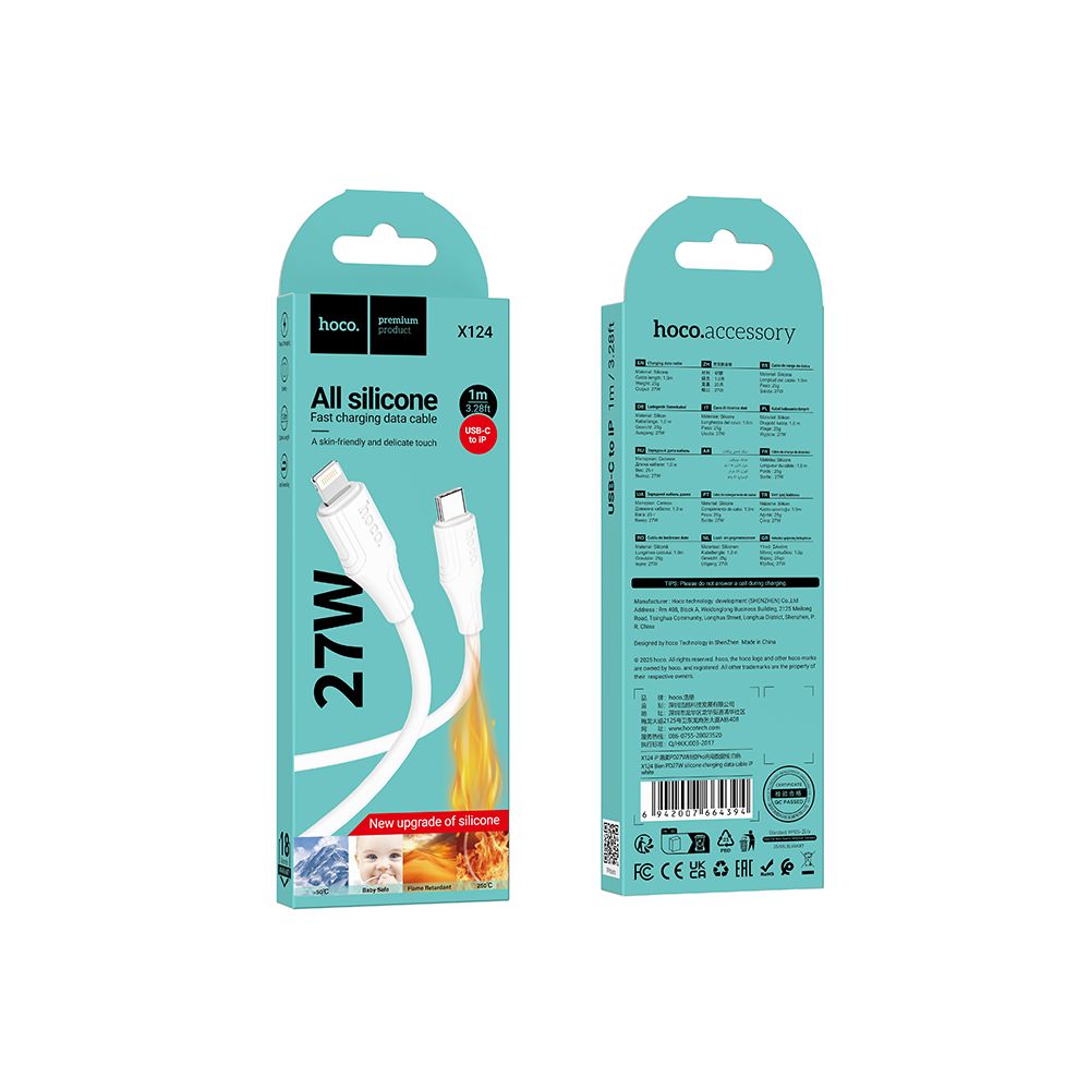 Cabo de Dados e Carregamento USB-C - Lightning HOCO X124, 27W, 1m, Branco