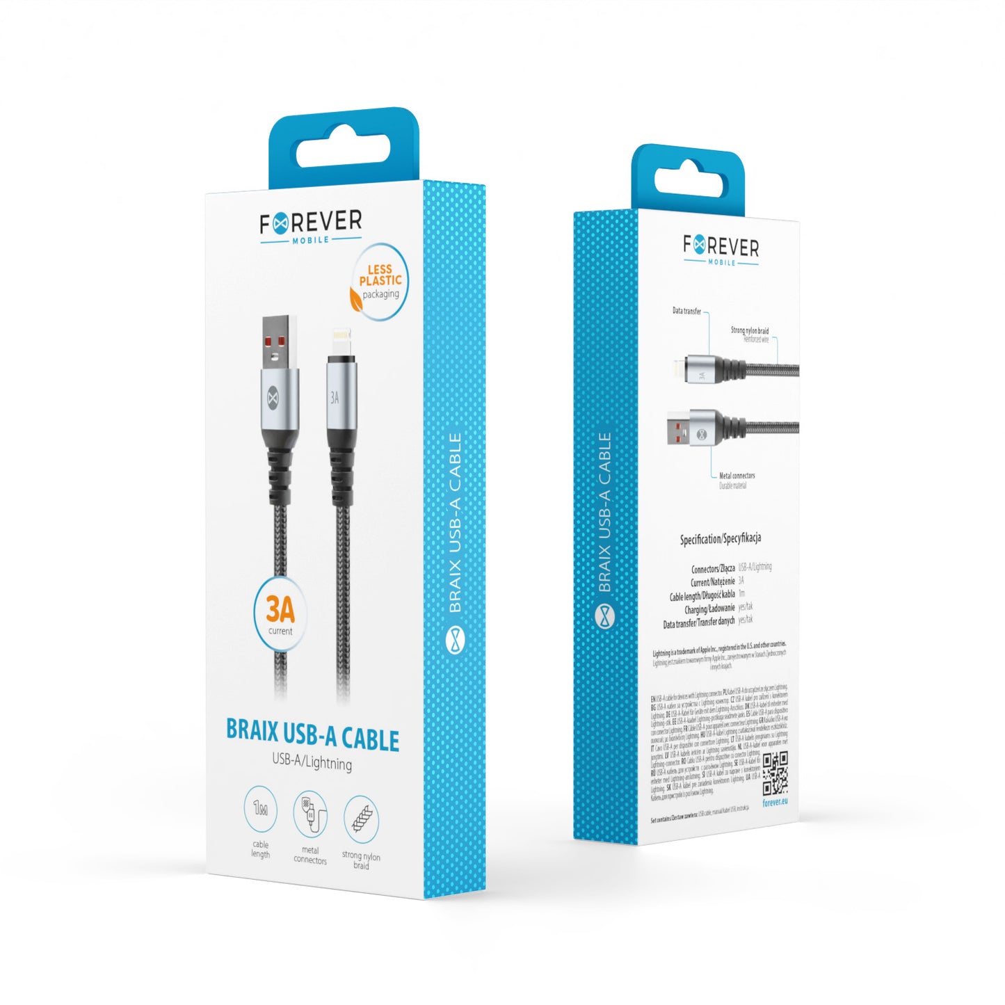 Cabo de Dados e Carregamento USB-A - Lightning Forever Braix, 18W, 1m, Preto