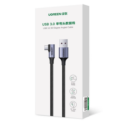 Cabo de carregamento e dados USB-A - USB-C UGREEN US385 angular, 60W, 1m, cinzento 