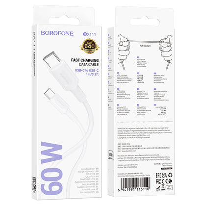 Cabo de carregamento e dados USB-C - USB-C Borofone BX111 Feliz, 60W, 1m, Branco 