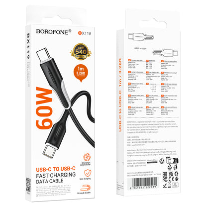 Cabo de Dados e Carregamento USB-C - USB-C Borofone BX119 New, 60W, 1m, Preto