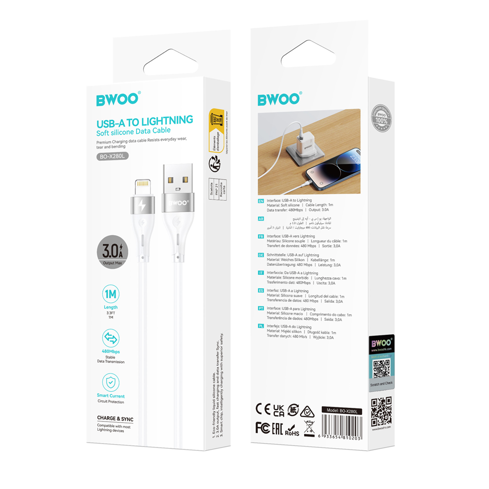 Cabo de Dados e Carregamento USB-A - Lightning BWOO X280L, 15W, 1m, Branco