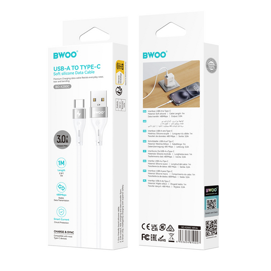 Cabo de Dados e Carregamento USB-A - USB-C BWOO X280C, 15W, 1m, Branco