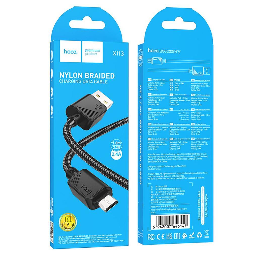 Cabo de Dados e Carregamento USB-A - microUSB HOCO X113, 18W, 1m, Preto