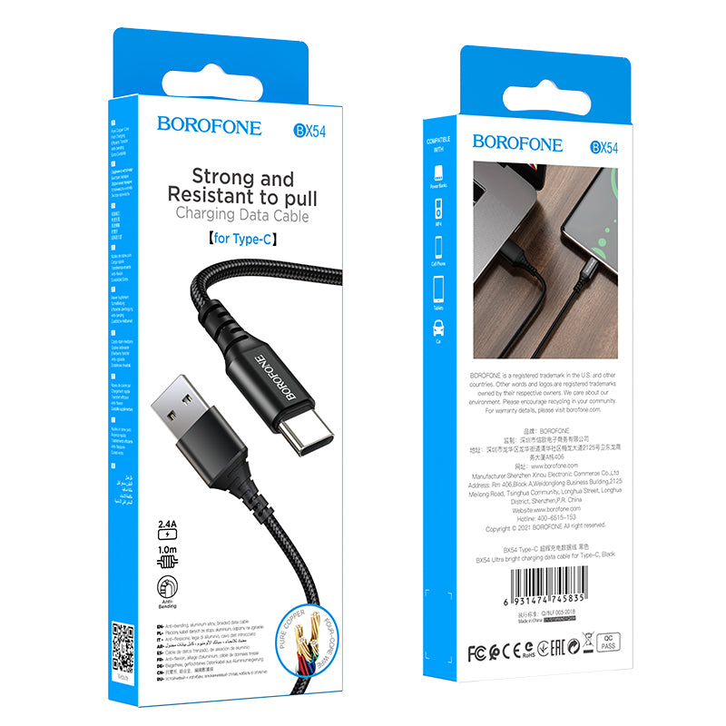 Cabo de carregamento e dados USB-A para USB-C Borofone BX54 Ultra brilhante, 18W, 1m, Preto