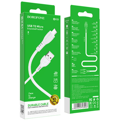 Cabo de carregamento e dados USB-A - microUSB Borofone BX51 Triumph MP, 18W, 1m, Branco