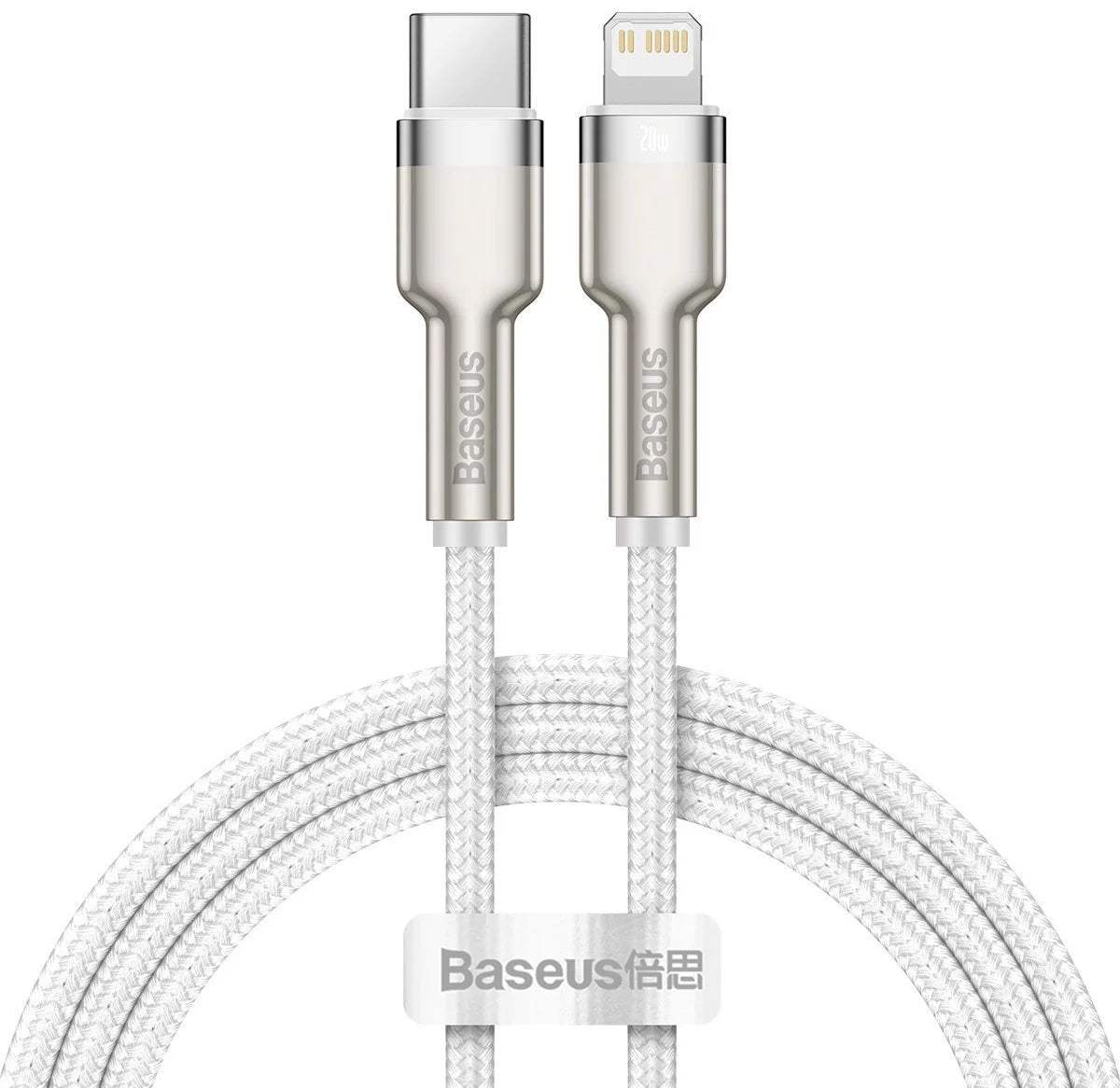 Cabo de carregamento e dados USB-C - Lightning Baseus Cafule Metal Series, 20W, 1m, branco CATLJK-A02