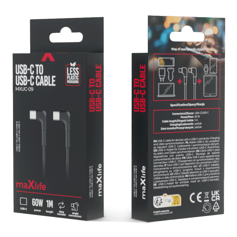 Cabo de carregamento e dados USB-C - USB-C MaXlife MXUC-09 MXUC-09 Angular, 60W, 1m, Preto 